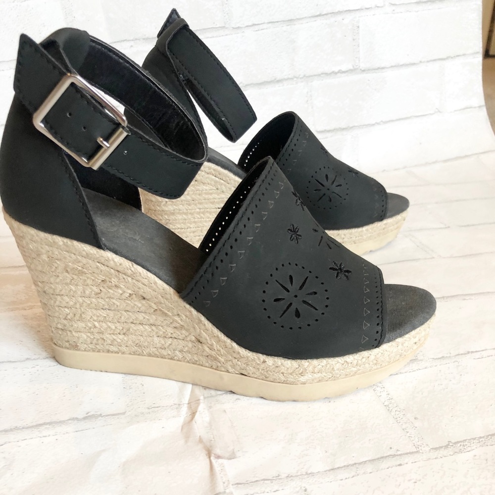 Sugar Boho Espadrille Wedges | Black Laser Cut Ankle Strap size 8.5